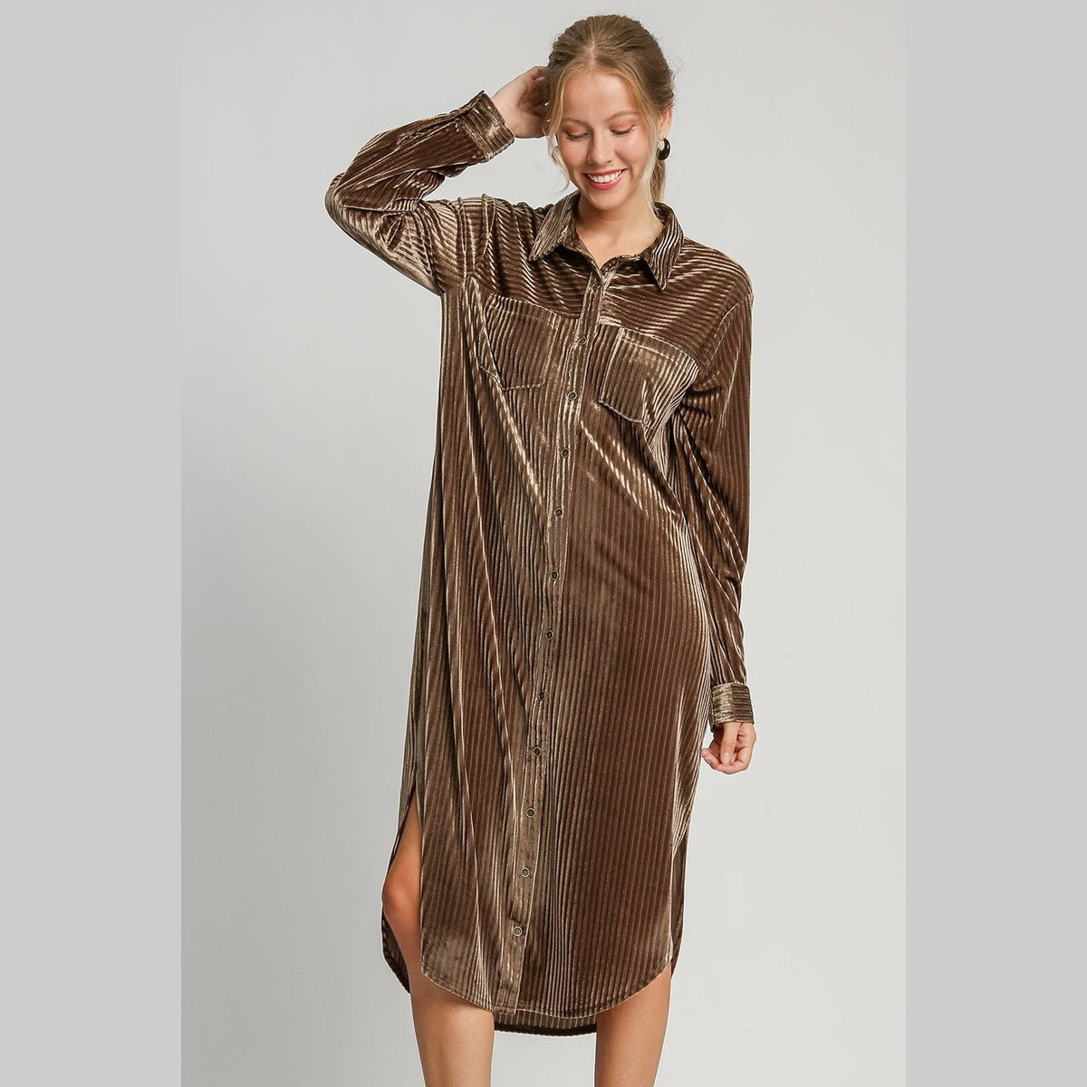 Umgee Texture Curved Hem Button Down Shirt Dress