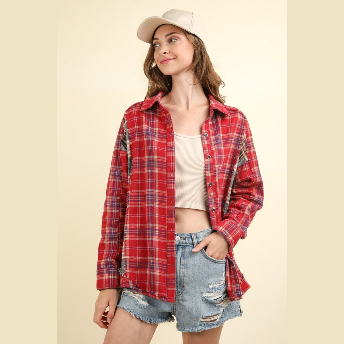 VERY J Contrast Plaid Raw Detail Shirt