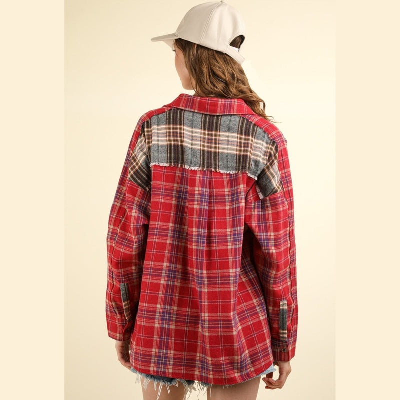 VERY J Contrast Plaid Raw Detail Shirt