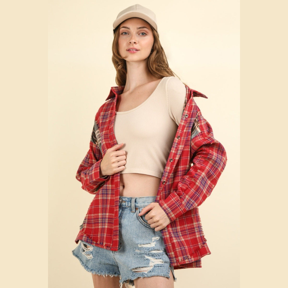 VERY J Contrast Plaid Raw Detail Shirt