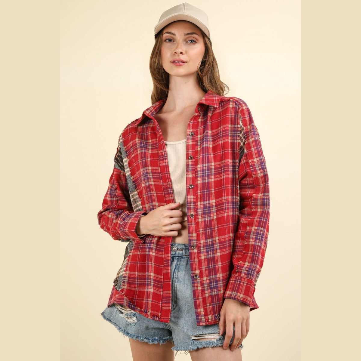 VERY J Contrast Plaid Raw Detail Shirt