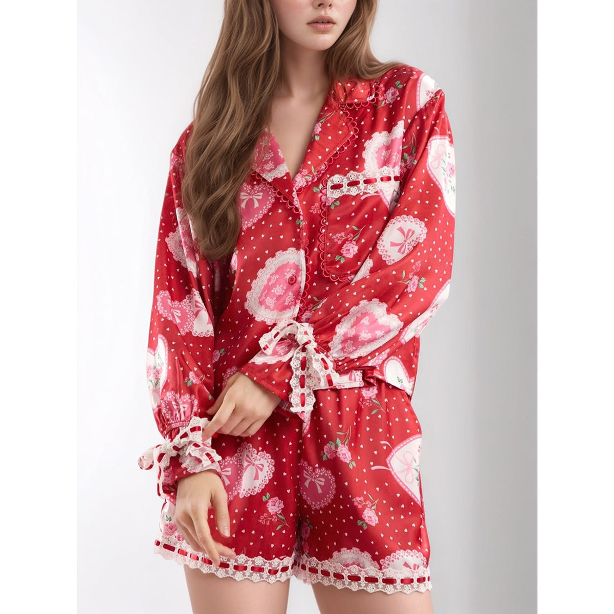 Valentine’s Day Lace Detail Heart Print Collared Neck Top and Shorts Lounge Set