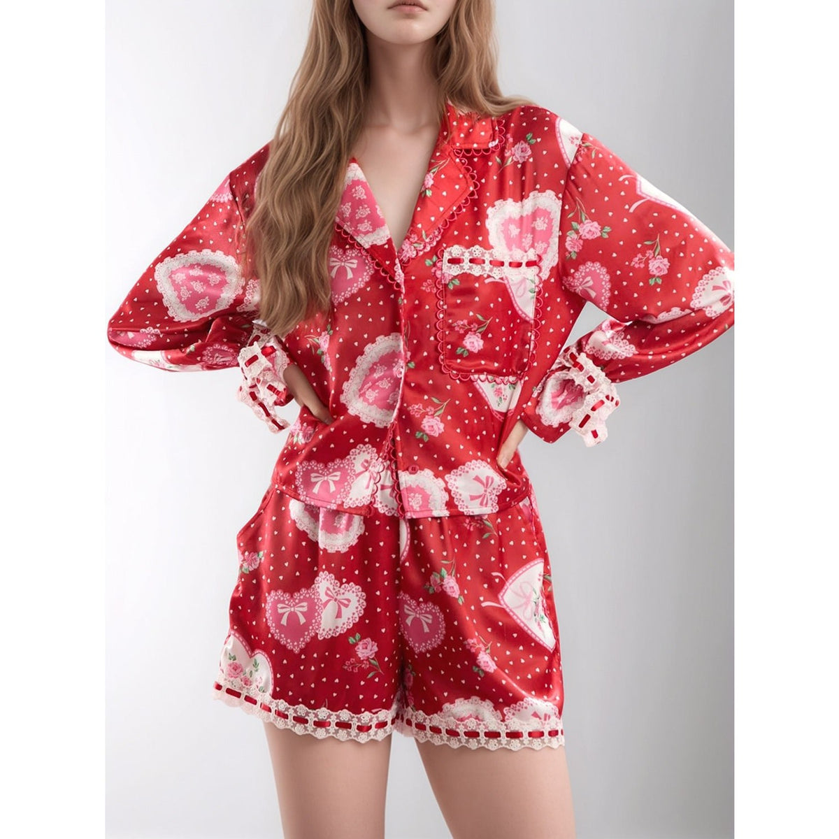 Valentine’s Day Lace Detail Heart Print Collared Neck Top and Shorts Lounge Set