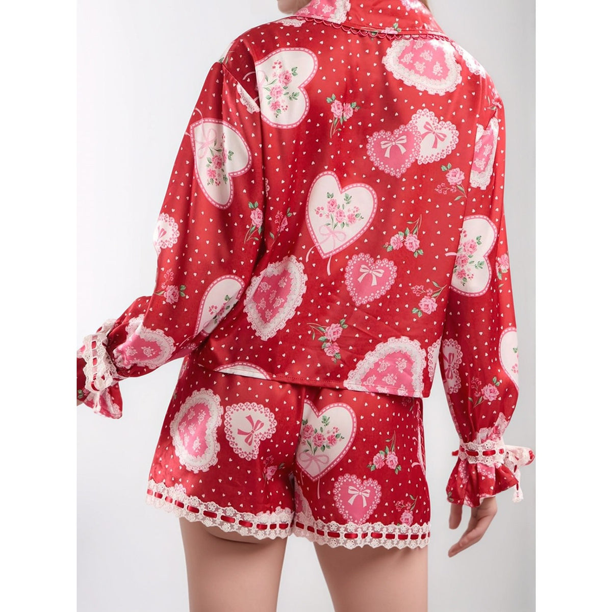 Valentine’s Day Lace Detail Heart Print Collared Neck Top and Shorts Lounge Set