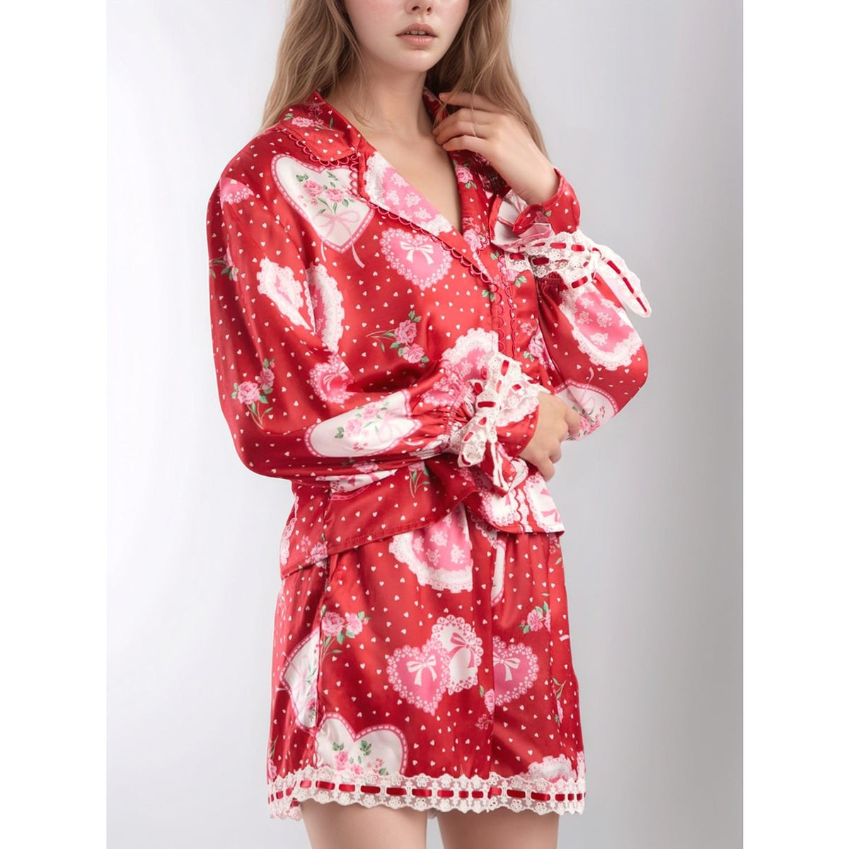 Valentine’s Day Lace Detail Heart Print Collared Neck Top and Shorts Lounge Set