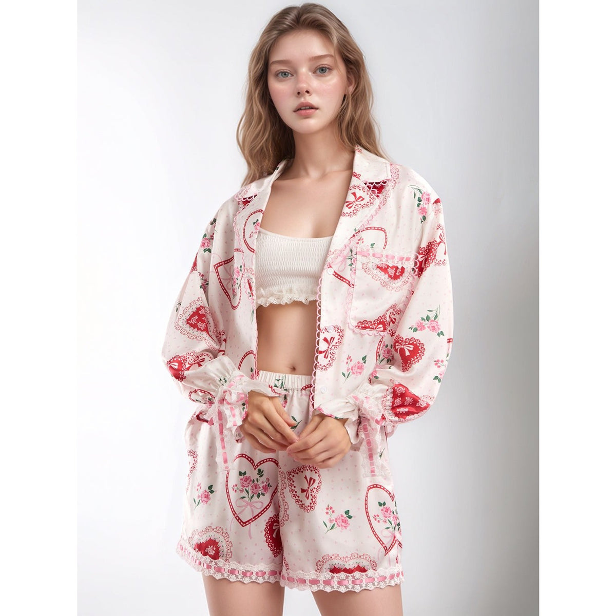 Valentine’s Day Lace Detail Heart Print Collared Neck Top and Shorts Lounge Set