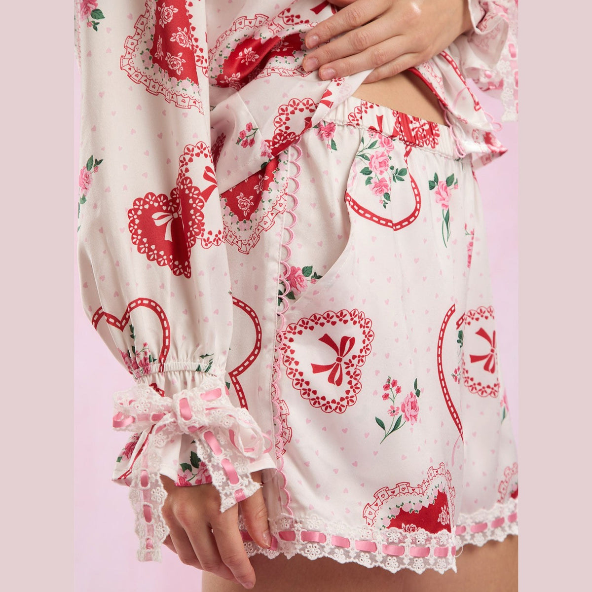 Valentine’s Day Lace Detail Heart Print Collared Neck Top and Shorts Lounge Set