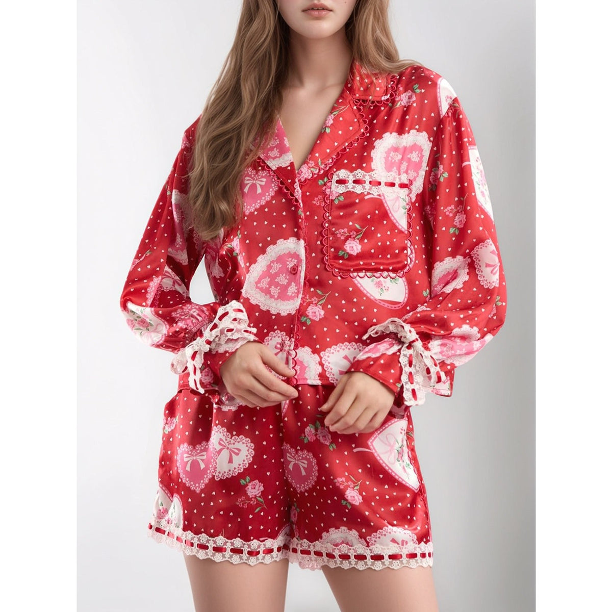 Valentine’s Day Lace Detail Heart Print Collared Neck Top and Shorts Lounge Set