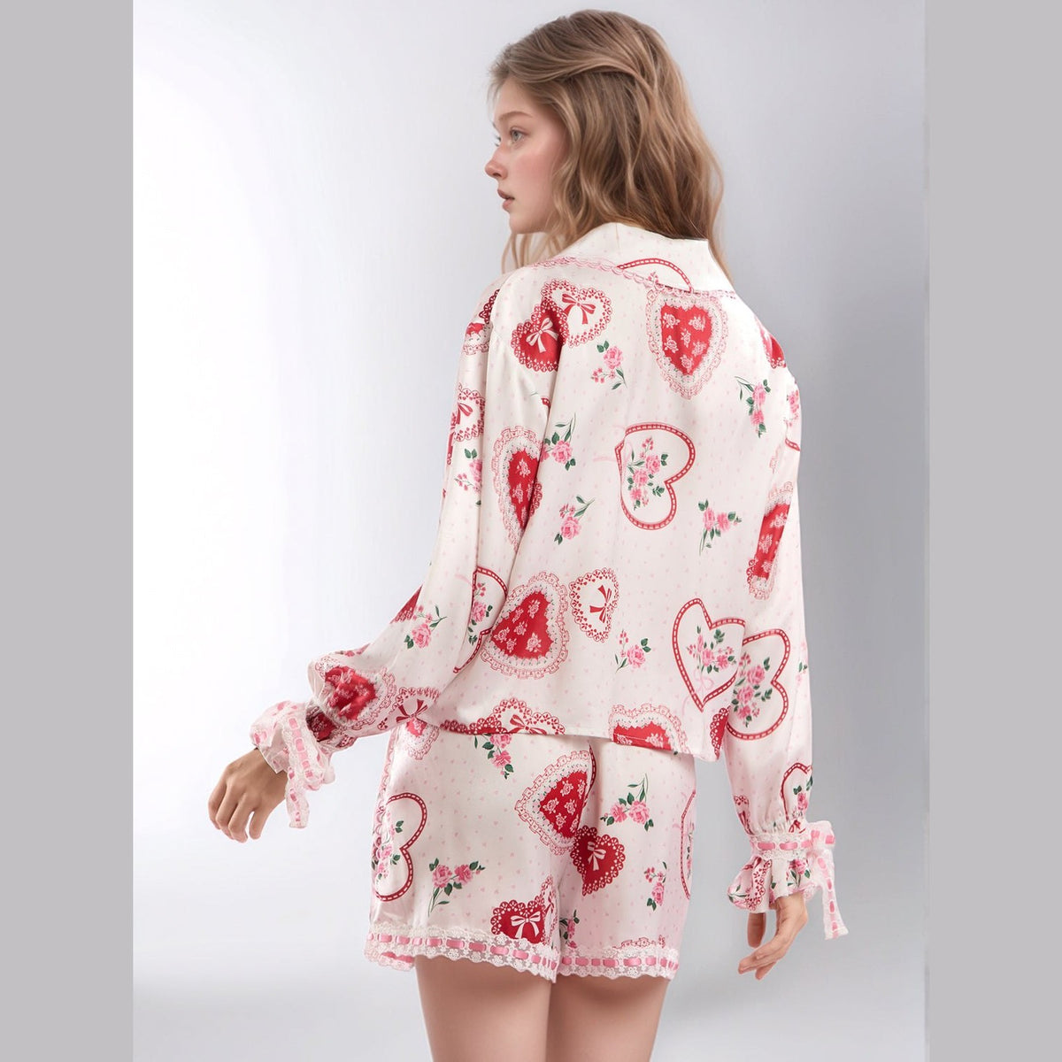 Valentine’s Day Lace Detail Heart Print Collared Neck Top and Shorts Lounge Set