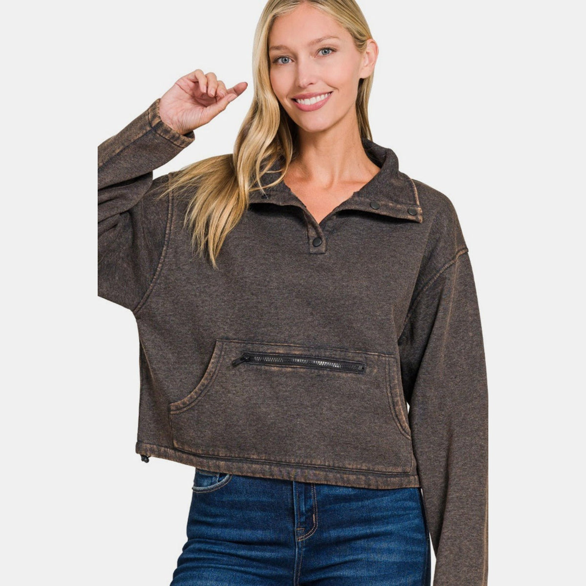 Zenana Acid Wash Fleece Half Snap Sweatshirt with Pocket