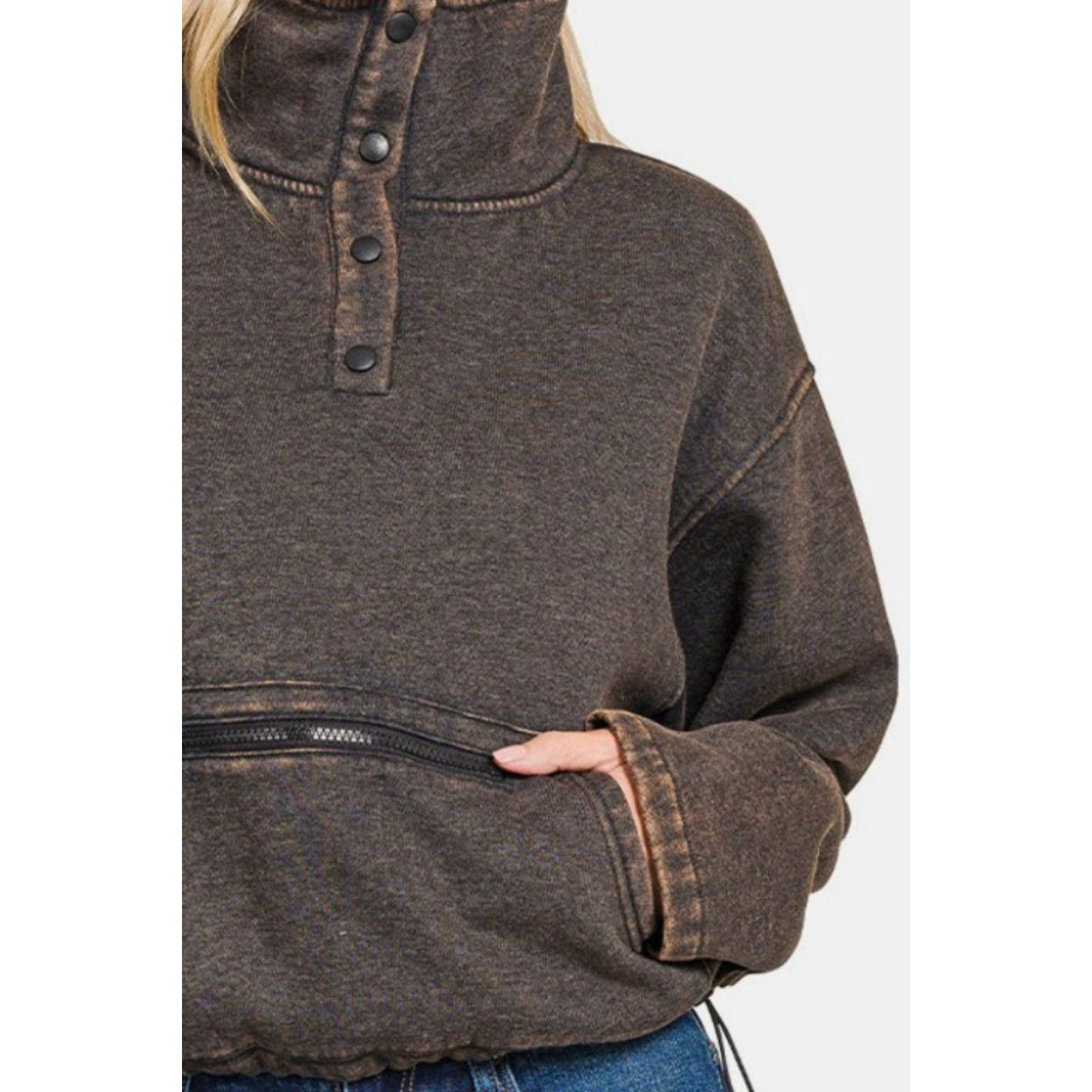 Zenana Acid Wash Fleece Half Snap Sweatshirt with Pocket