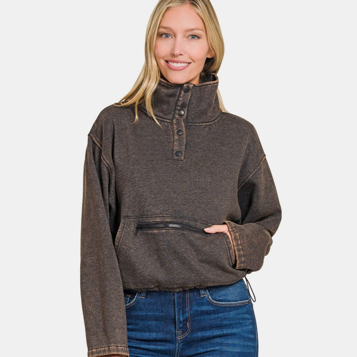 Zenana Acid Wash Fleece Half Snap Sweatshirt with Pocket