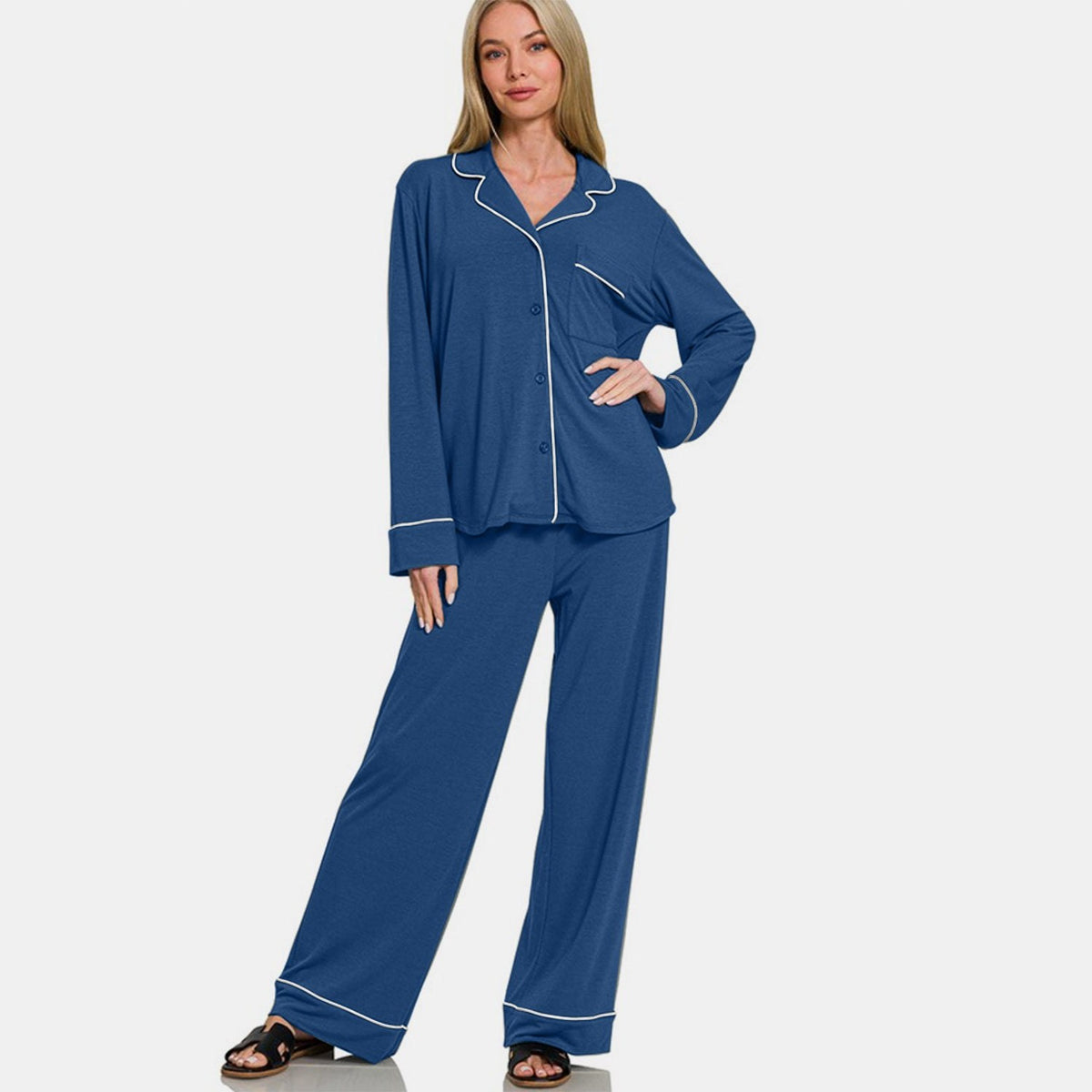 Zenana Button Down Long Sleeve Top and Pants Lounge Set