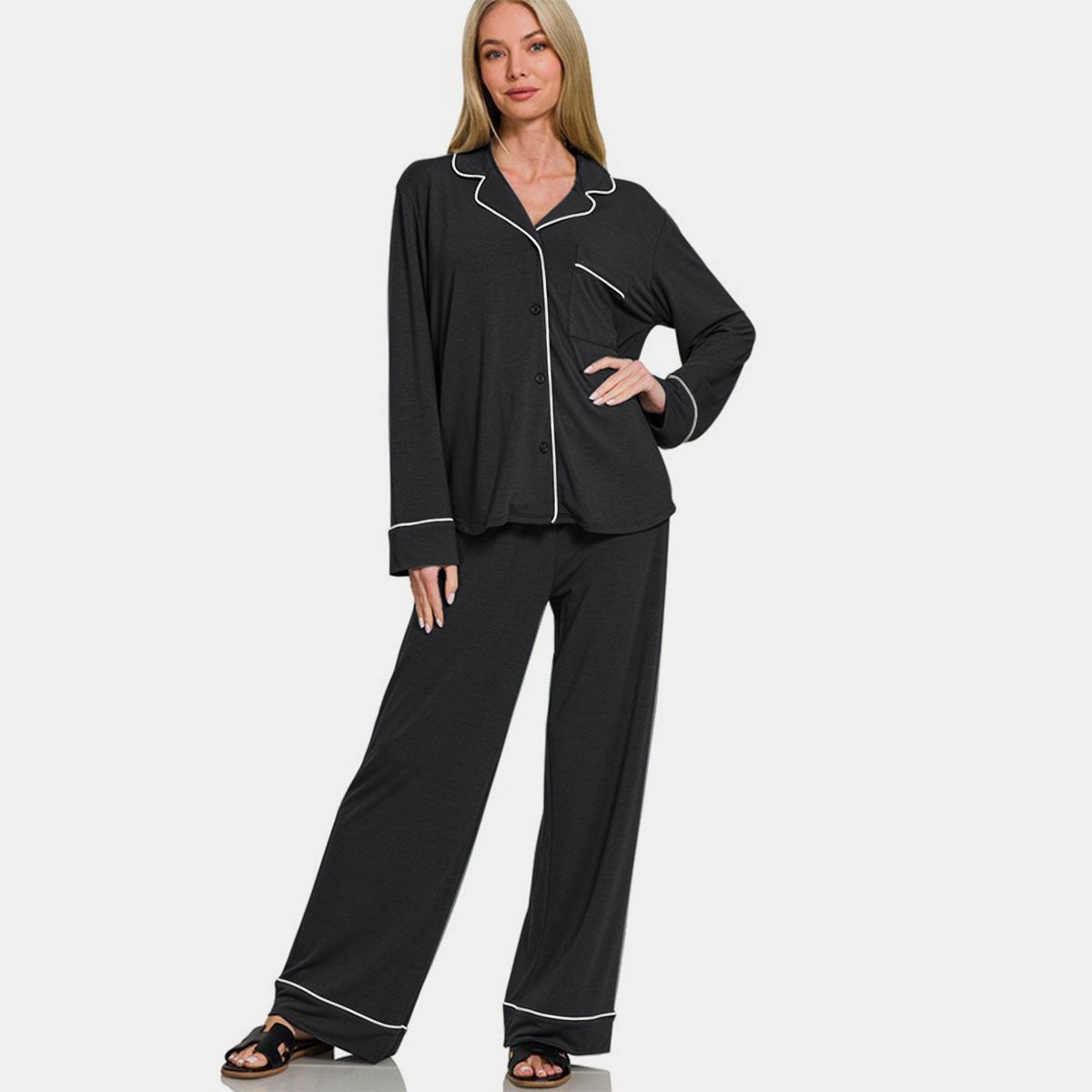 Zenana Button Down Long Sleeve Top and Pants Lounge Set