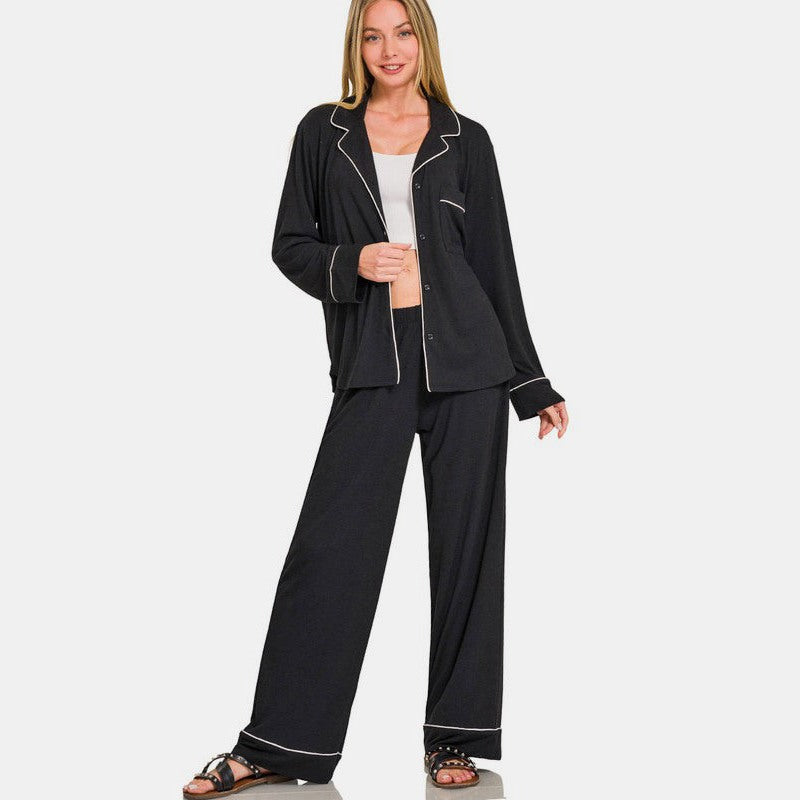 Zenana Button Down Long Sleeve Top and Pants Lounge Set