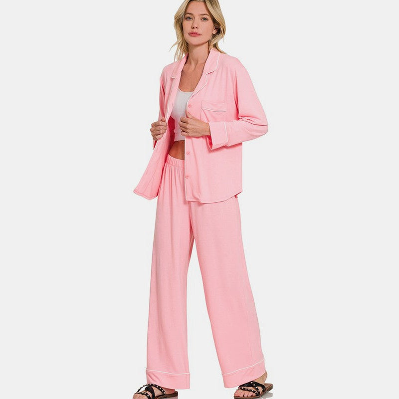 Zenana Button Down Long Sleeve Top and Pants Lounge Set