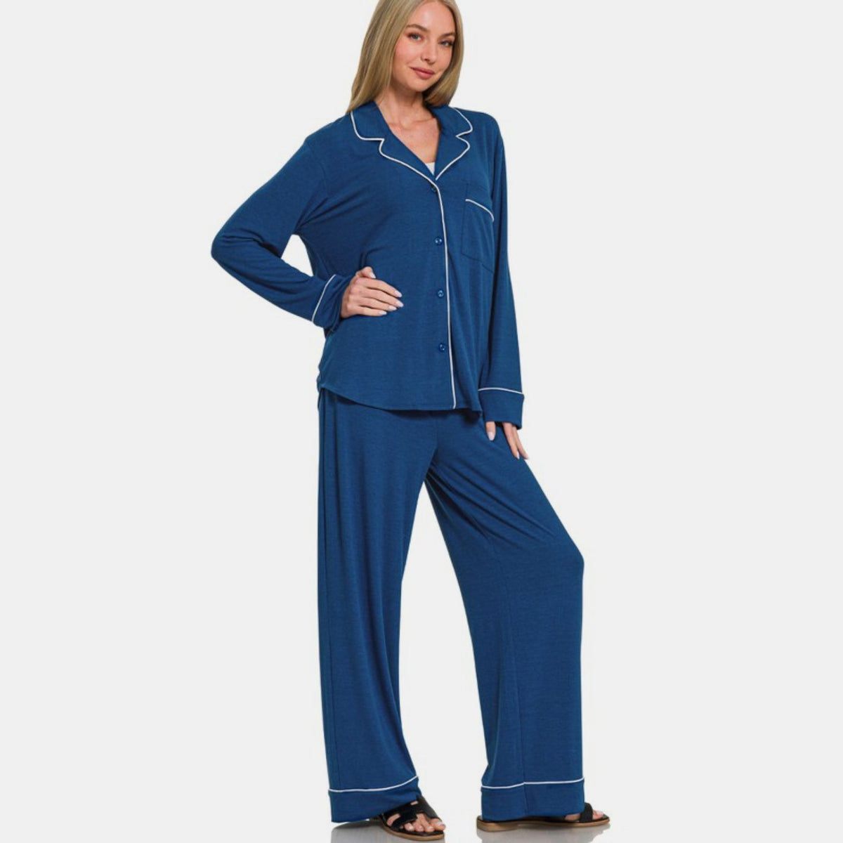 Zenana Button Down Long Sleeve Top and Pants Lounge Set