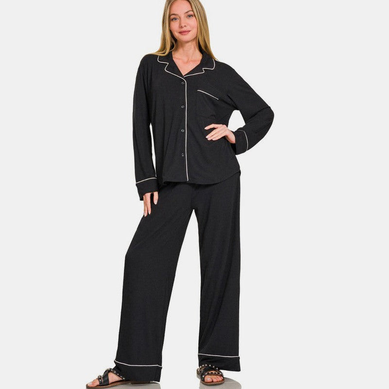 Zenana Button Down Long Sleeve Top and Pants Lounge Set