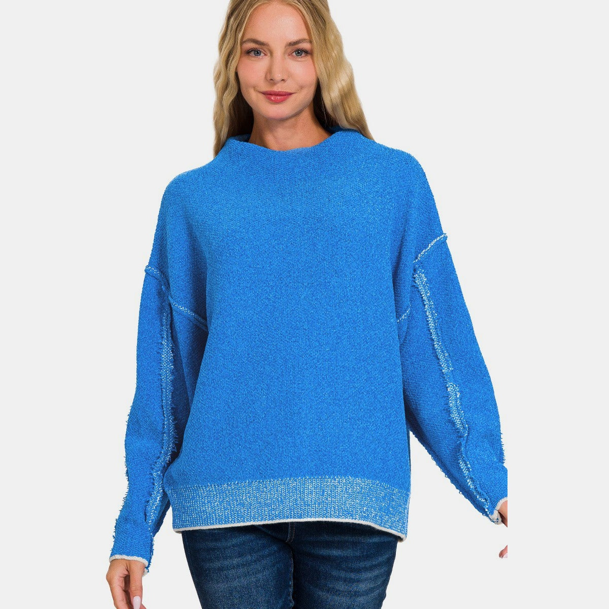 Zenana Exposed Seam Mock Neck Long Sleeve Sweater