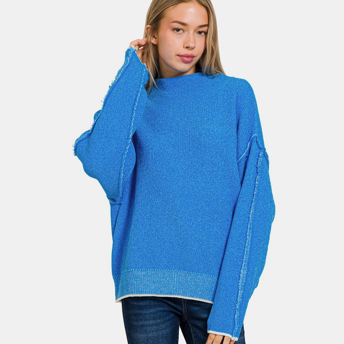 Zenana Exposed Seam Mock Neck Long Sleeve Sweater