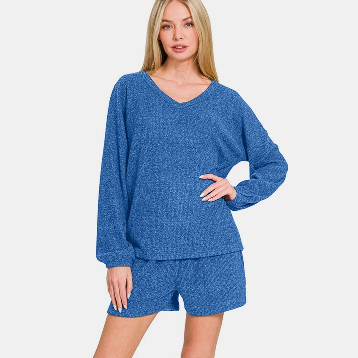 Zenana V-Neck Long Sleeve Ribbed Top and Shorts Set