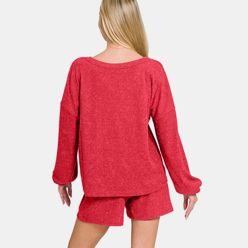 Zenana V-Neck Long Sleeve Ribbed Top and Shorts Set