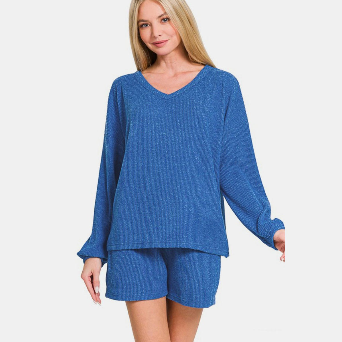 Zenana V-Neck Long Sleeve Ribbed Top and Shorts Set