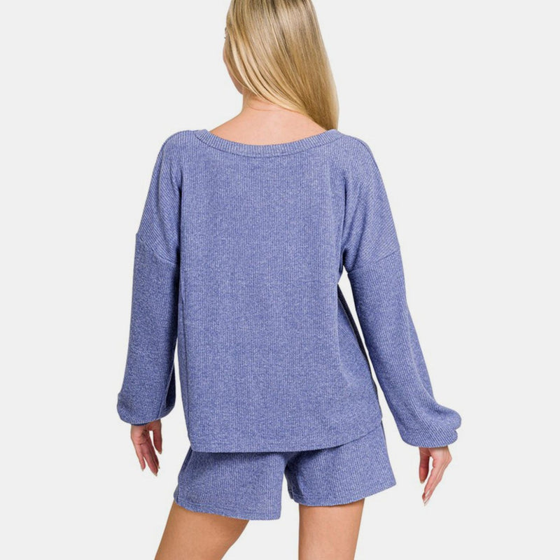 Zenana V-Neck Long Sleeve Ribbed Top and Shorts Set