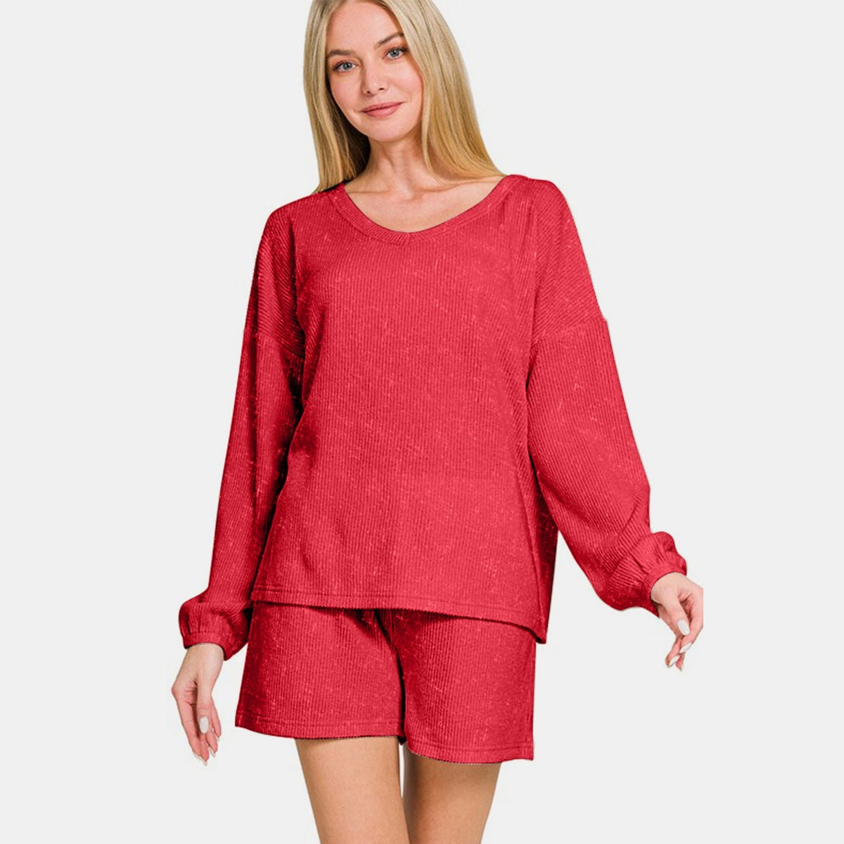 Zenana V-Neck Long Sleeve Ribbed Top and Shorts Set