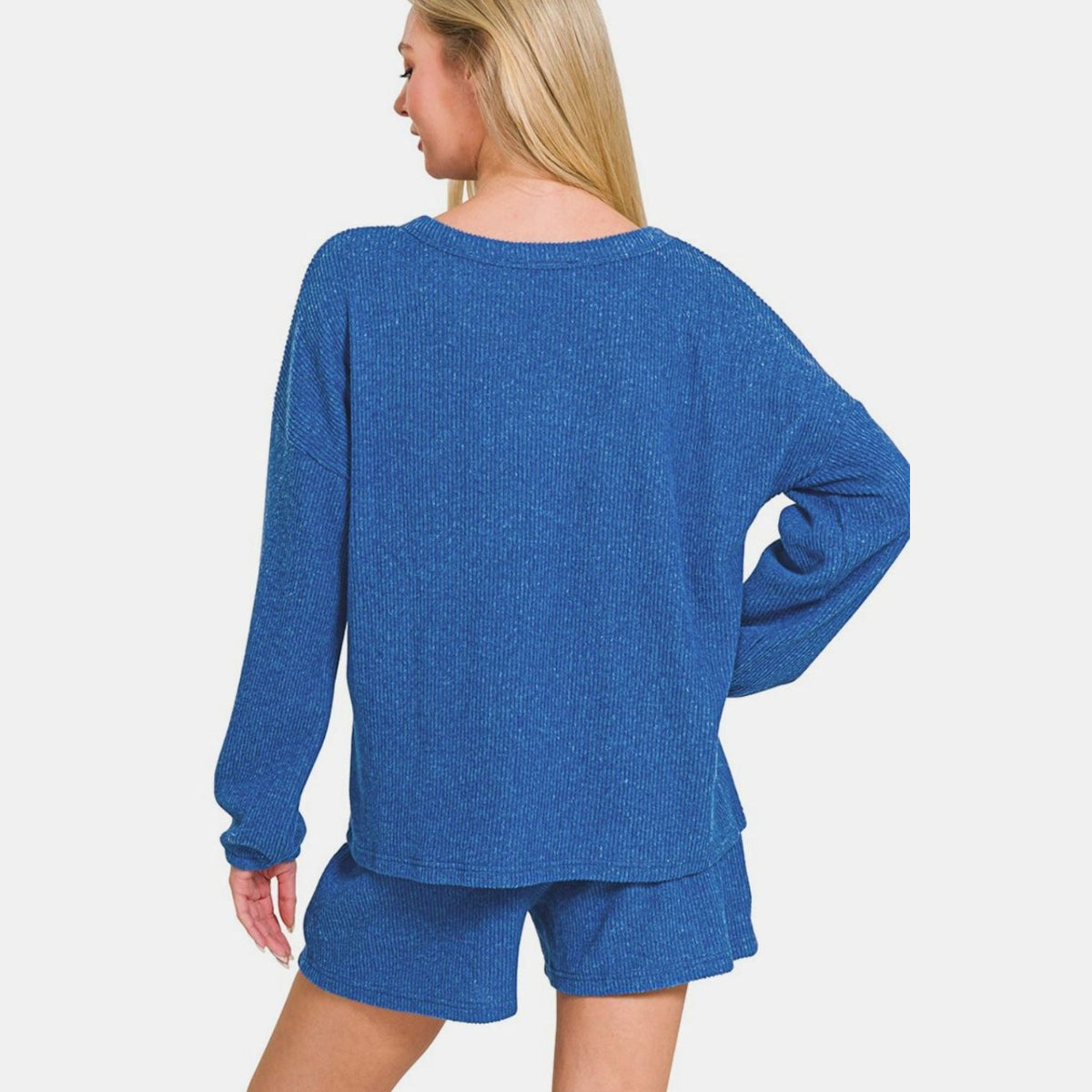 Zenana V-Neck Long Sleeve Ribbed Top and Shorts Set