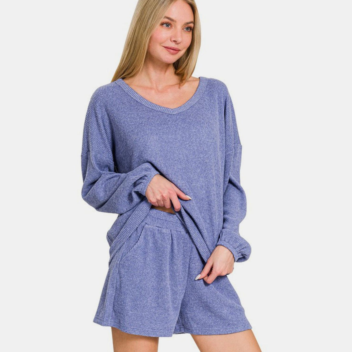 Zenana V-Neck Long Sleeve Ribbed Top and Shorts Set