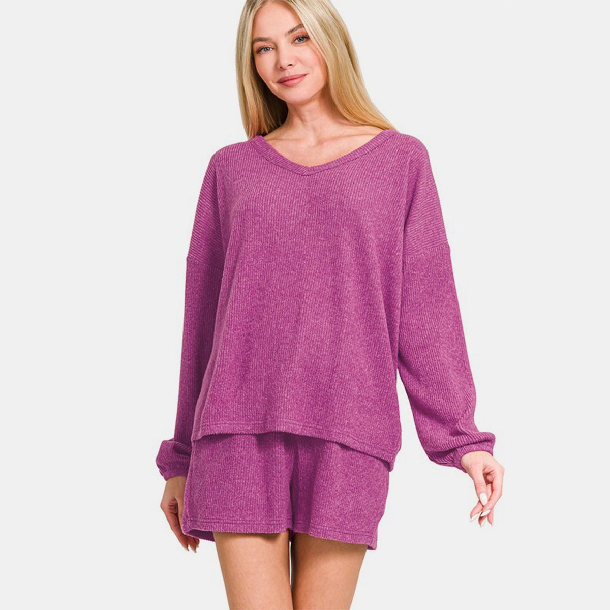 Zenana V-Neck Long Sleeve Ribbed Top and Shorts Set