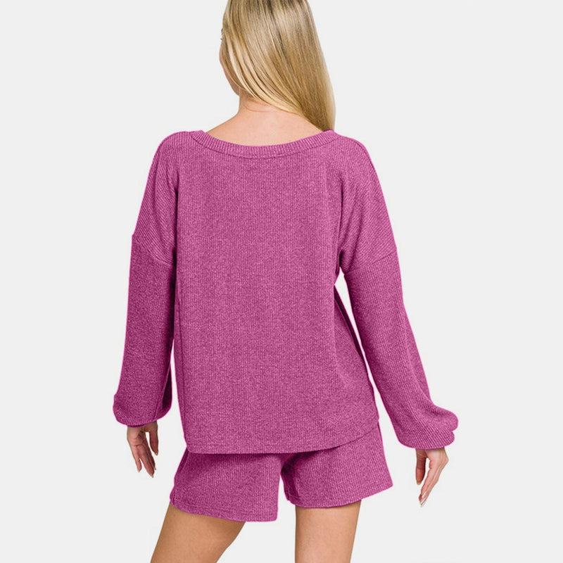 Zenana V-Neck Long Sleeve Ribbed Top and Shorts Set