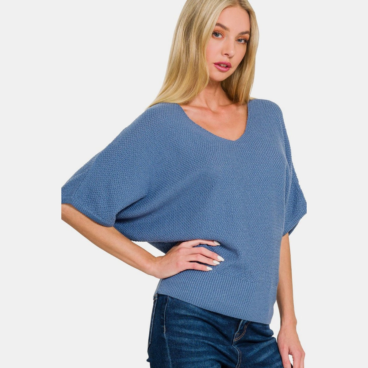 Zenana V-Neck Short Sleeve Dolman Sweater