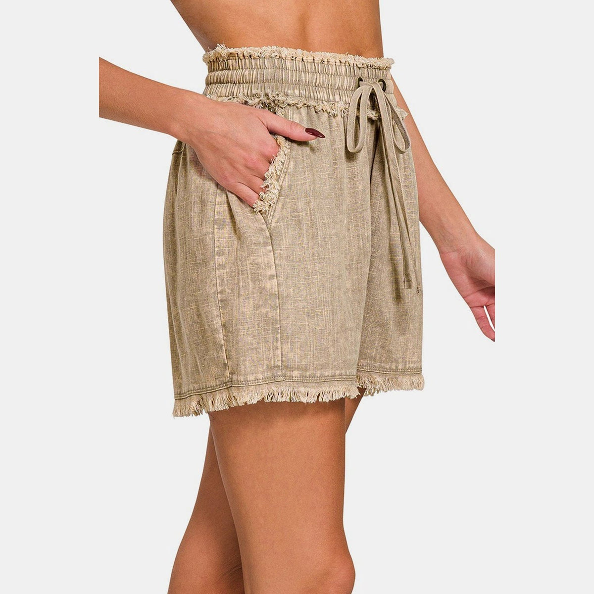 Zenana Washed Linen Frayed Hem Drawstring Shorts