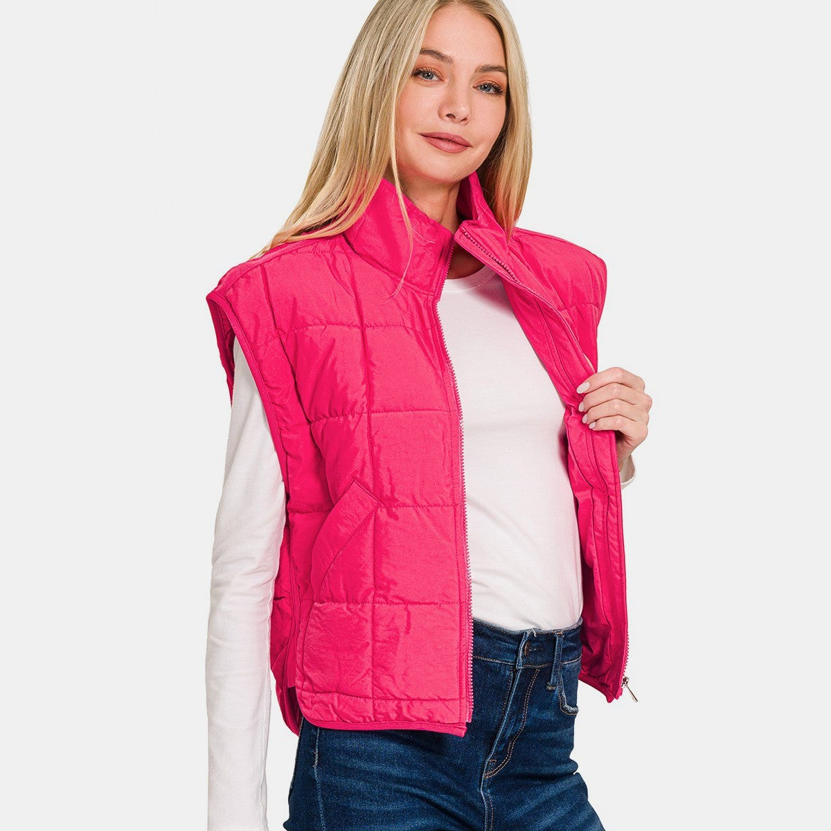 Zenana Zip Up Cropped Puffer Vest with Pockets