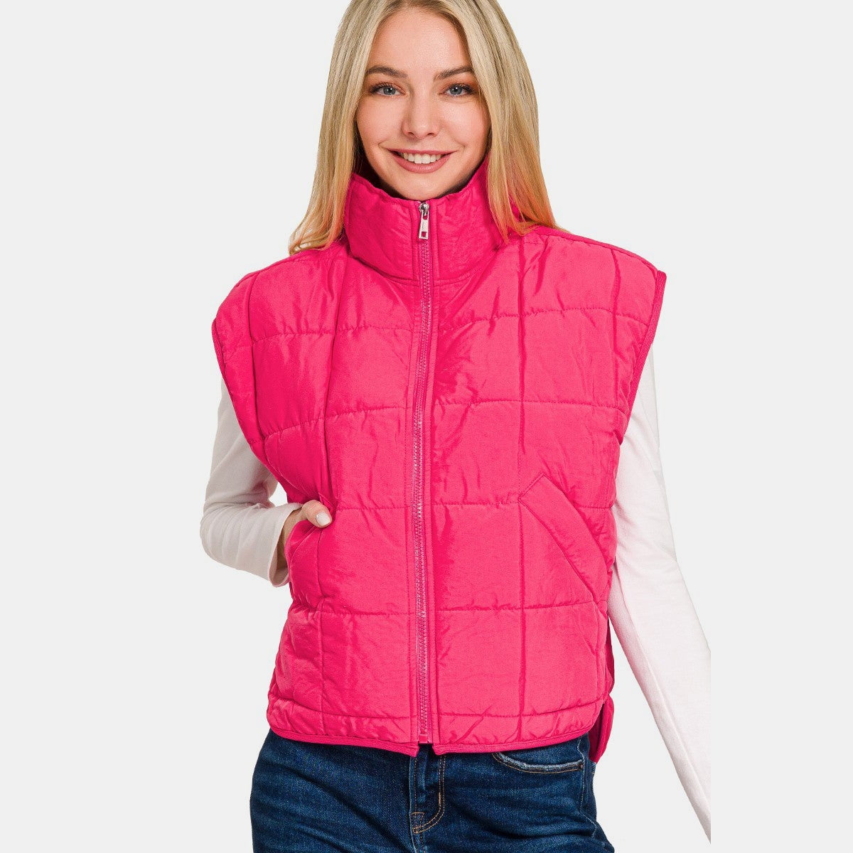 Zenana Zip Up Cropped Puffer Vest with Pockets