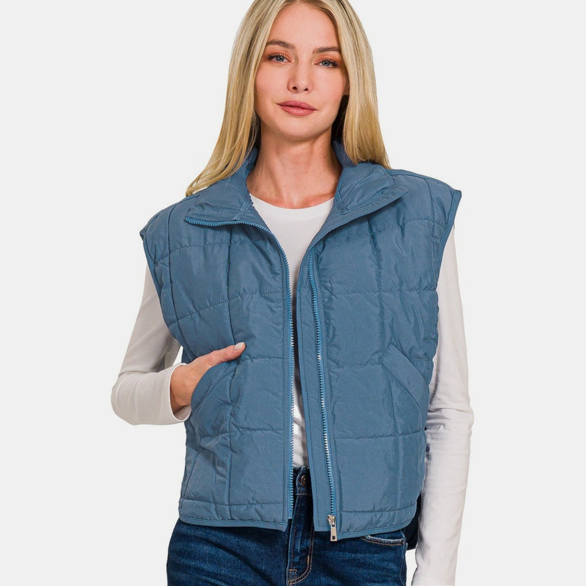 Zenana Zip Up Cropped Puffer Vest with Pockets