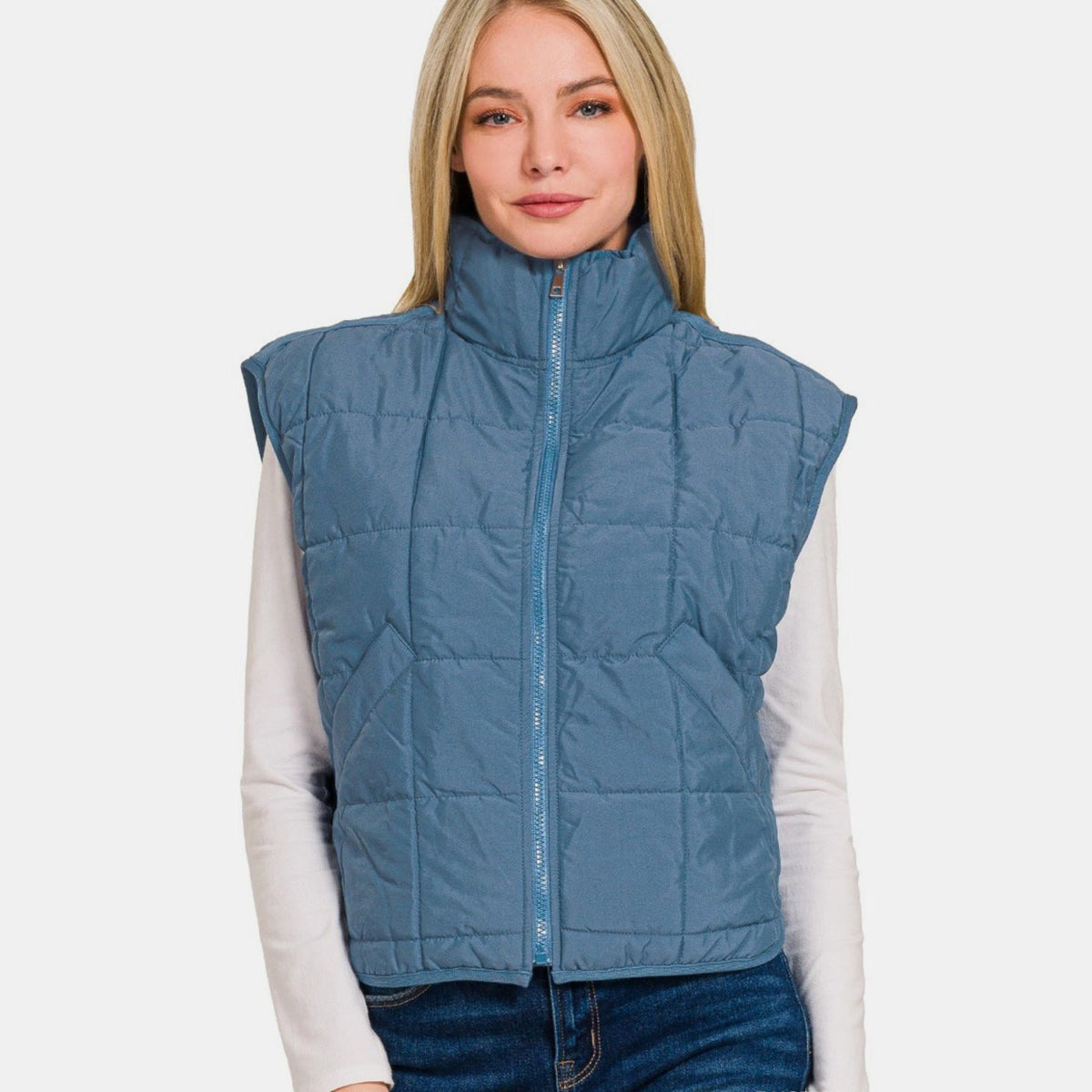 Zenana Zip Up Cropped Puffer Vest with Pockets