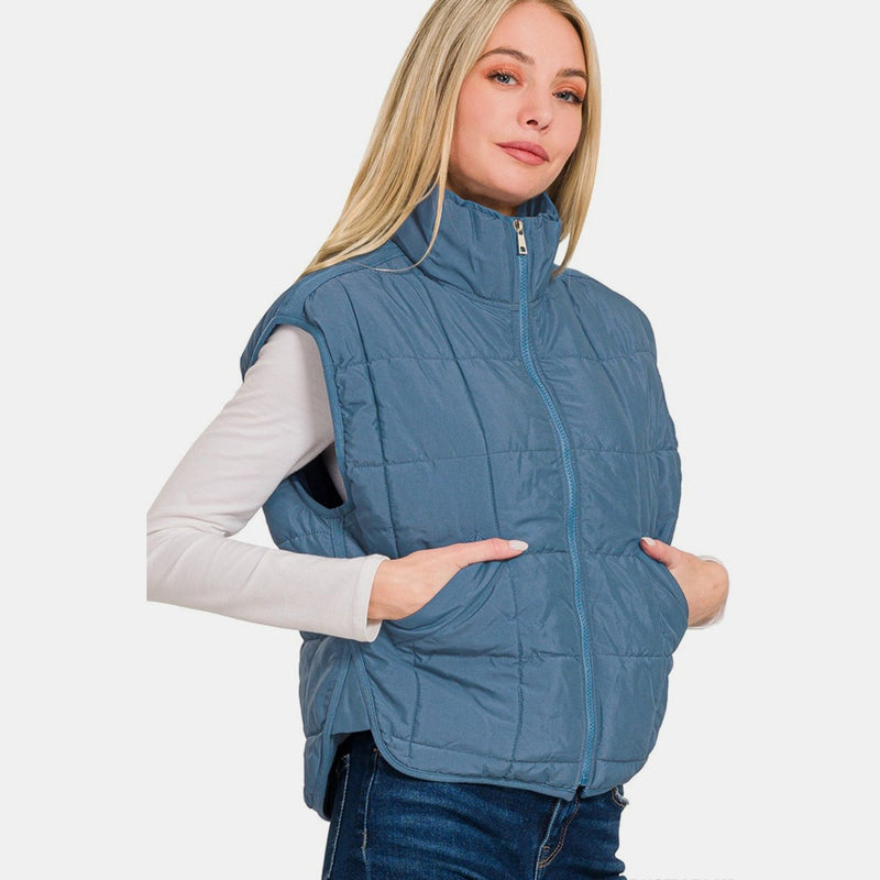 Zenana Zip Up Cropped Puffer Vest with Pockets