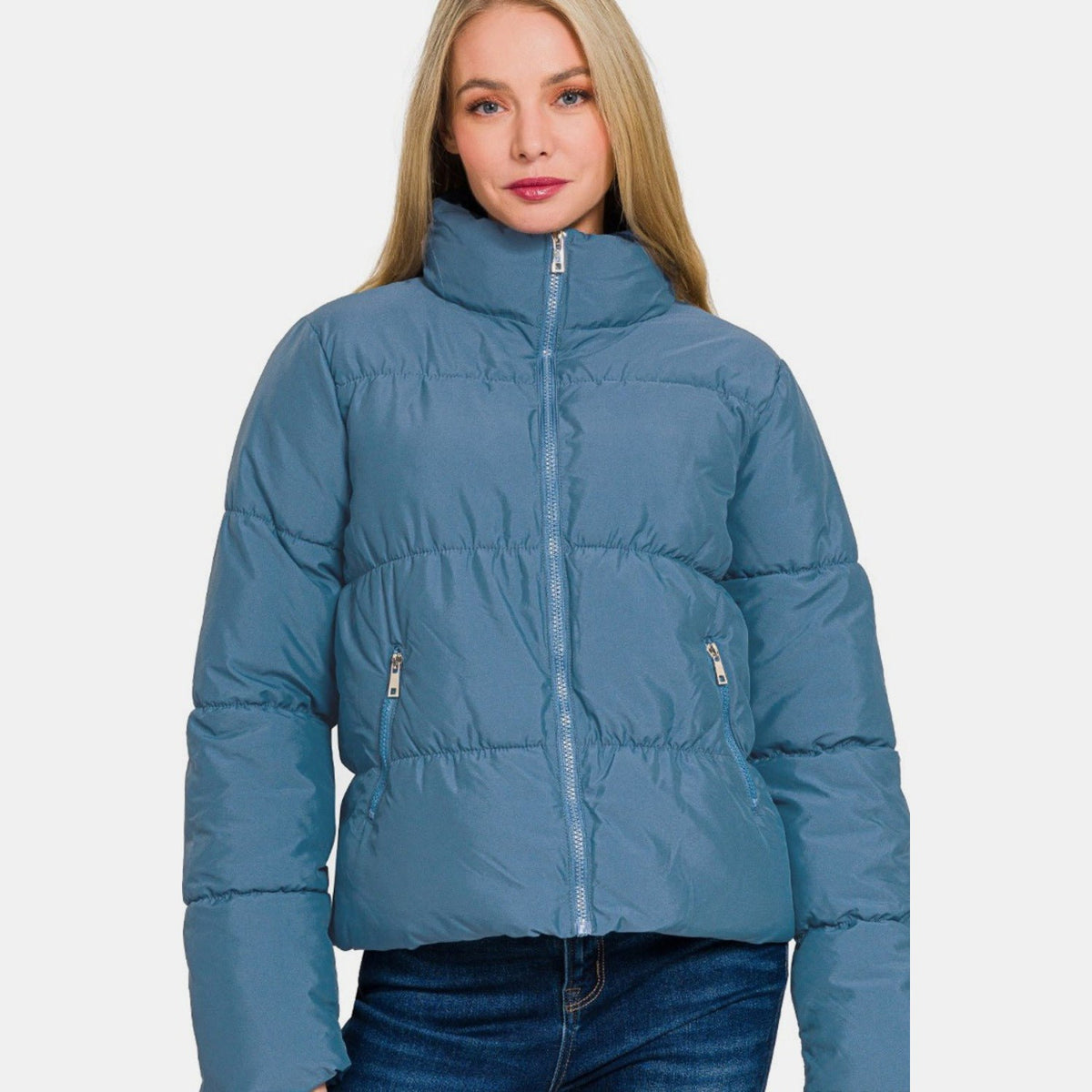 Zenana Zip Up Turtleneck Puffer Jacket with Pockets