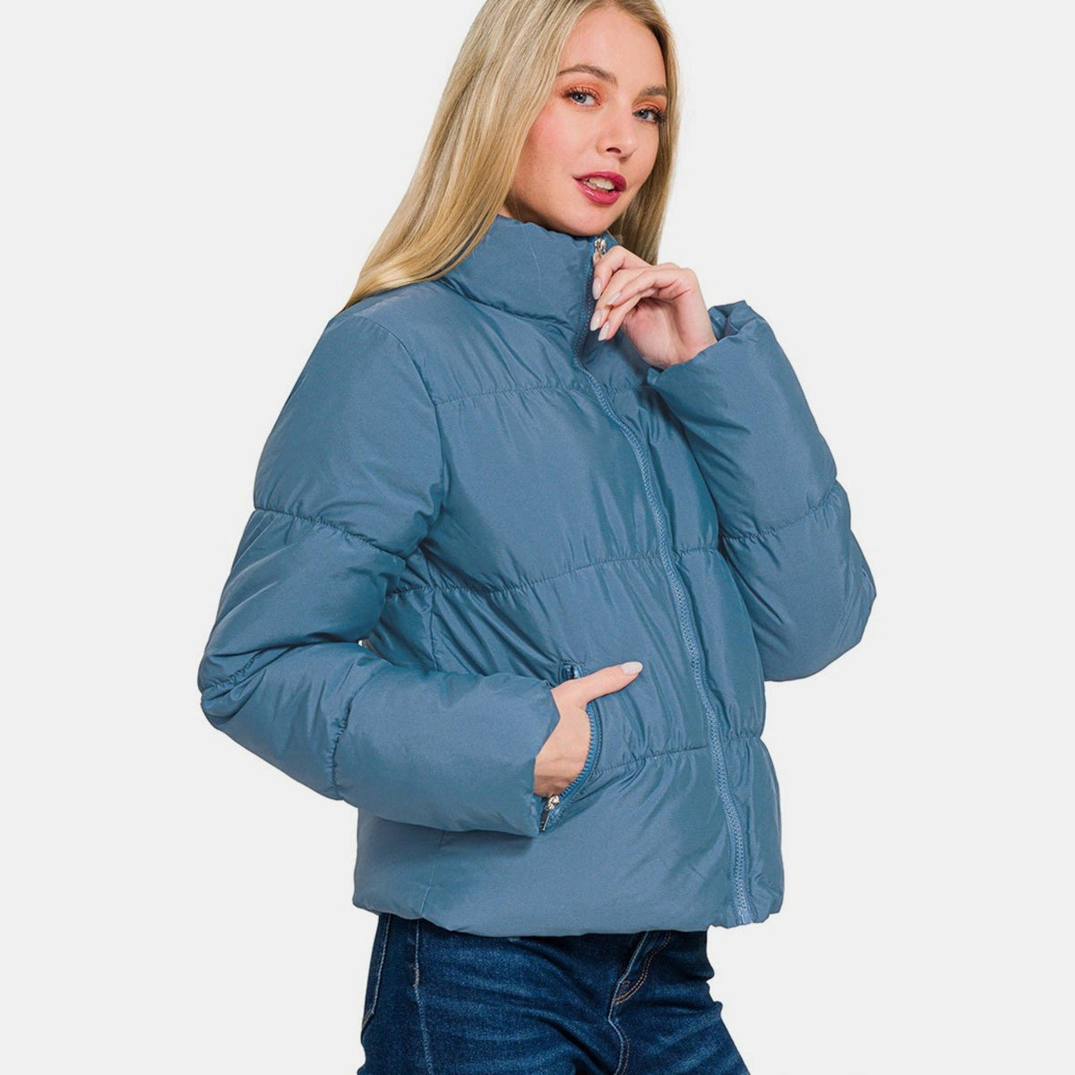 Zenana Zip Up Turtleneck Puffer Jacket with Pockets