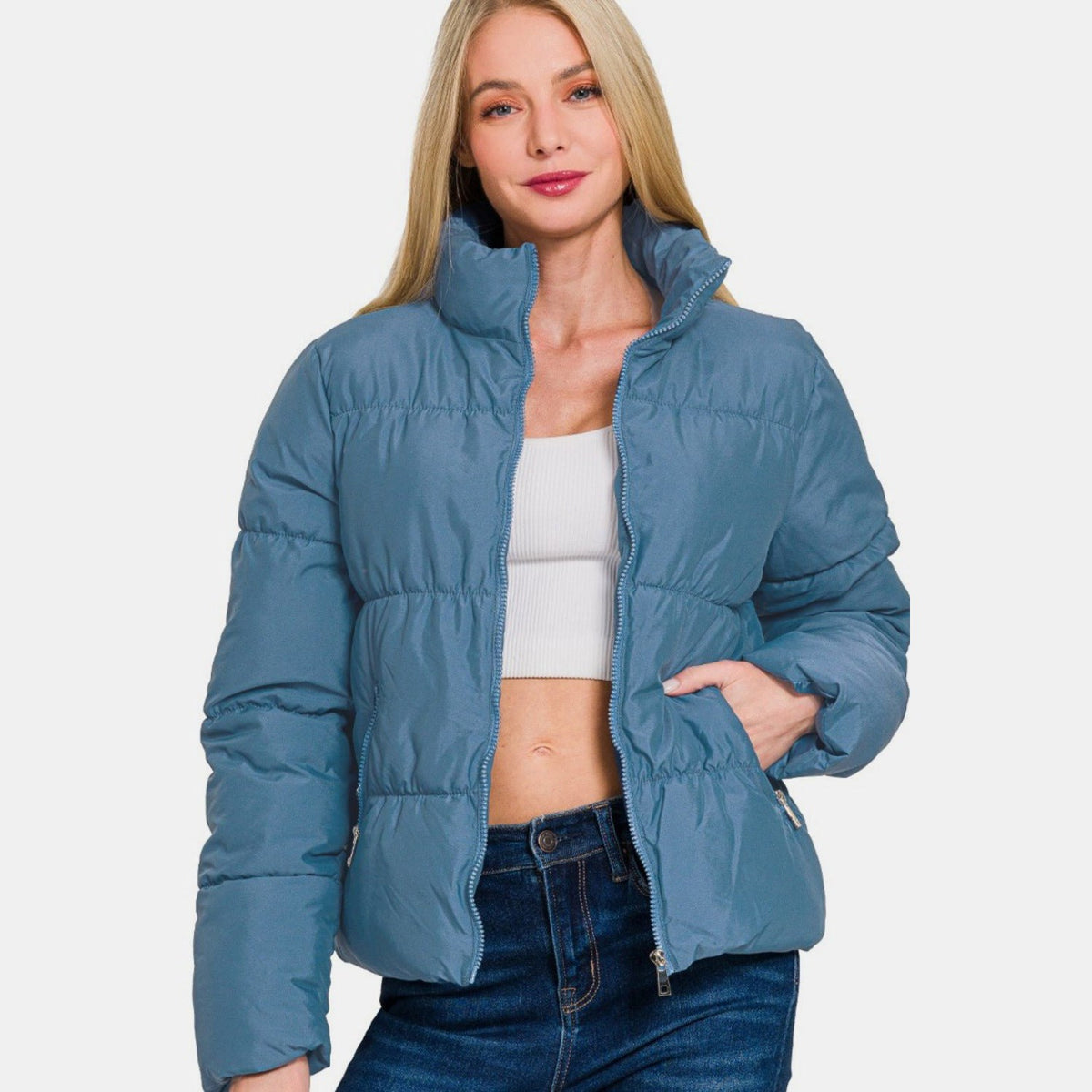 Zenana Zip Up Turtleneck Puffer Jacket with Pockets