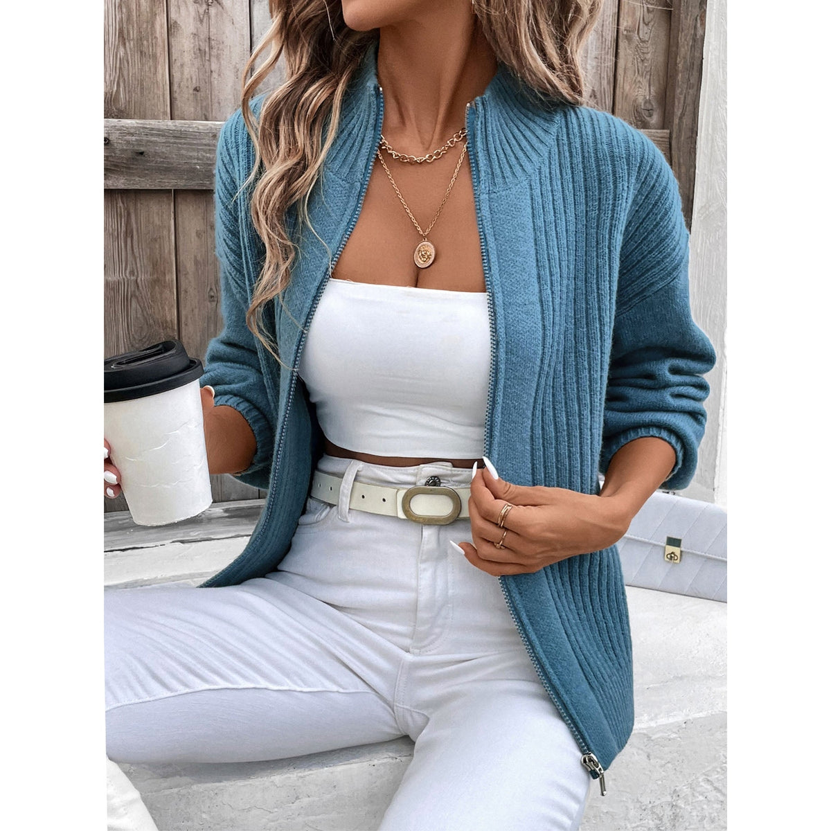 Zip Up Long Sleeve Cardigan