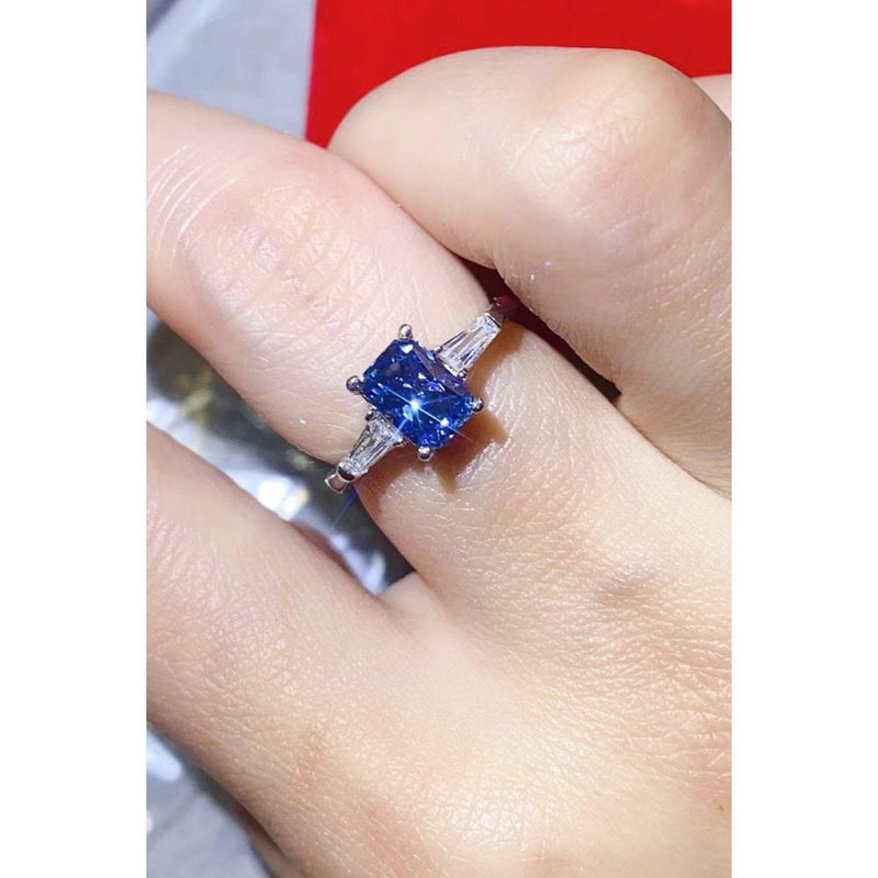 1 Carat Moissanite Platinum-Plated Rectangle Ring in Blue