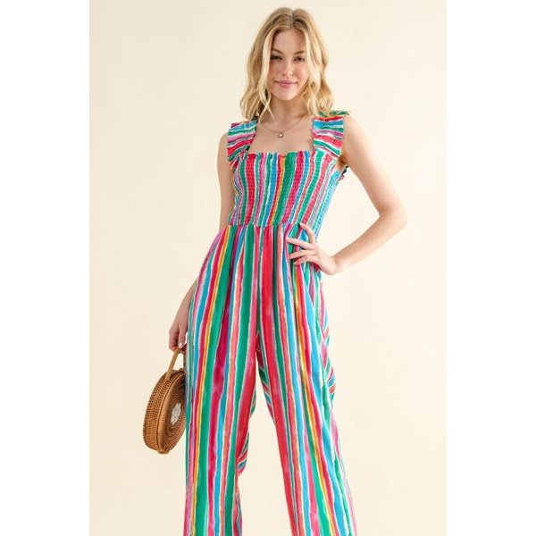 And The Why Full Size Striped Smocked Sleeveless Jumpsuit