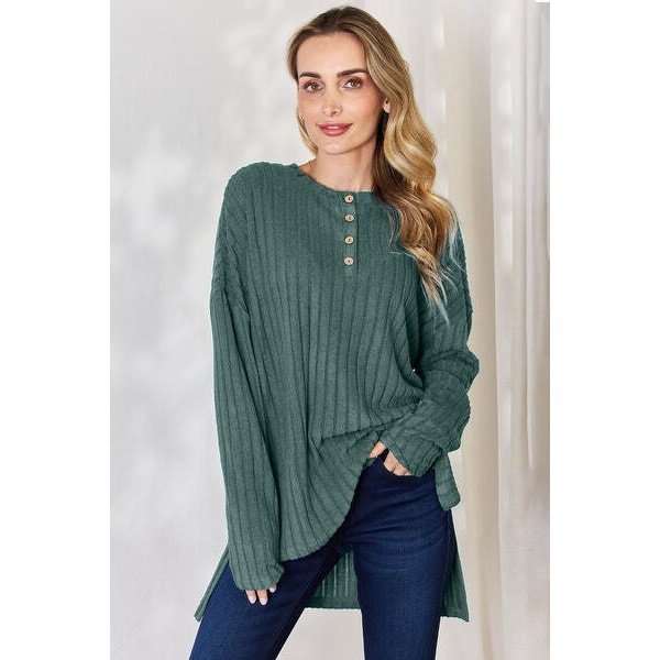 Basic Bae Full Size Ribbed Half Button Long Sleeve High-Low T-Shirt