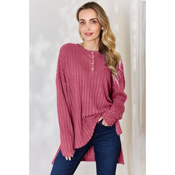 Basic Bae Full Size Ribbed Half Button Long Sleeve High-Low T-Shirt