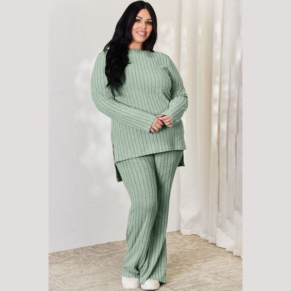 Basic Bae Full Size Ribbed High-Low Top and Wide Leg Pants Set