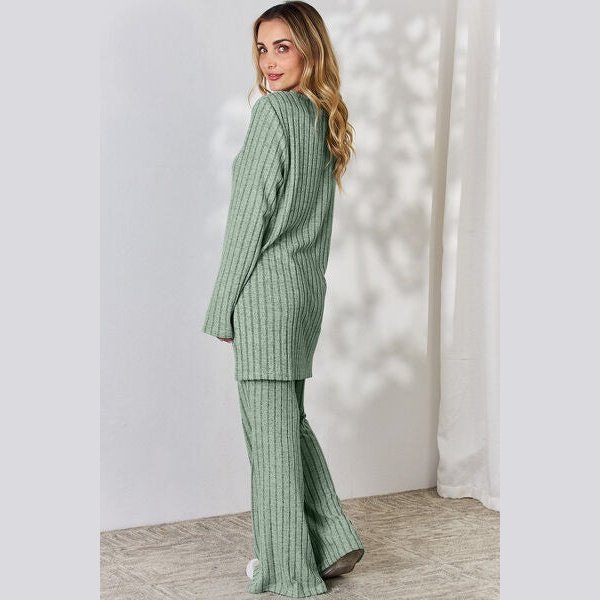 Basic Bae Full Size Ribbed High-Low Top and Wide Leg Pants Set